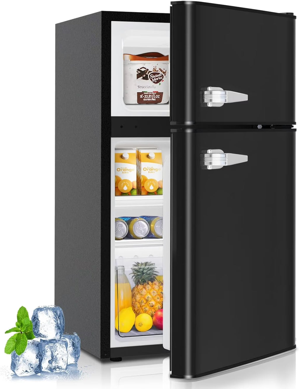 3.2 Cu.Ft Compact Mini Refrigerator With Double Door, Retro Black P4341