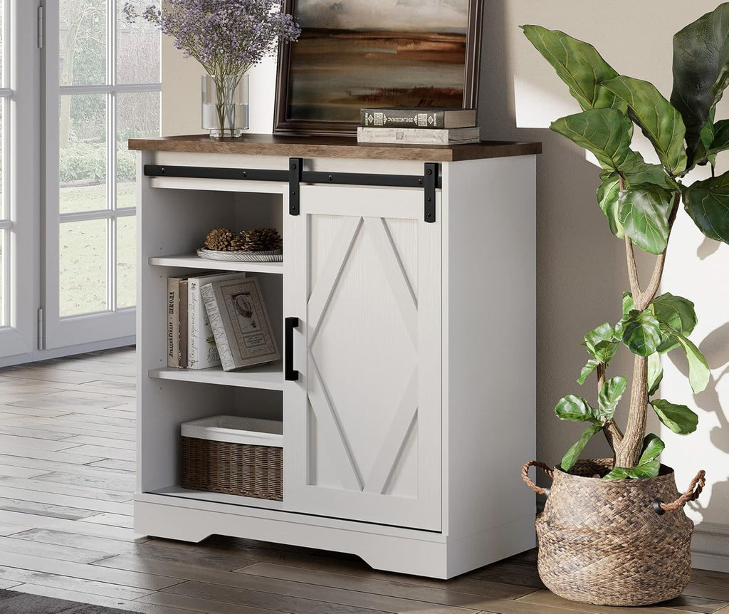 Rustic Brown Farmhouse Buffet Sideboard with Sliding Barn Door D884