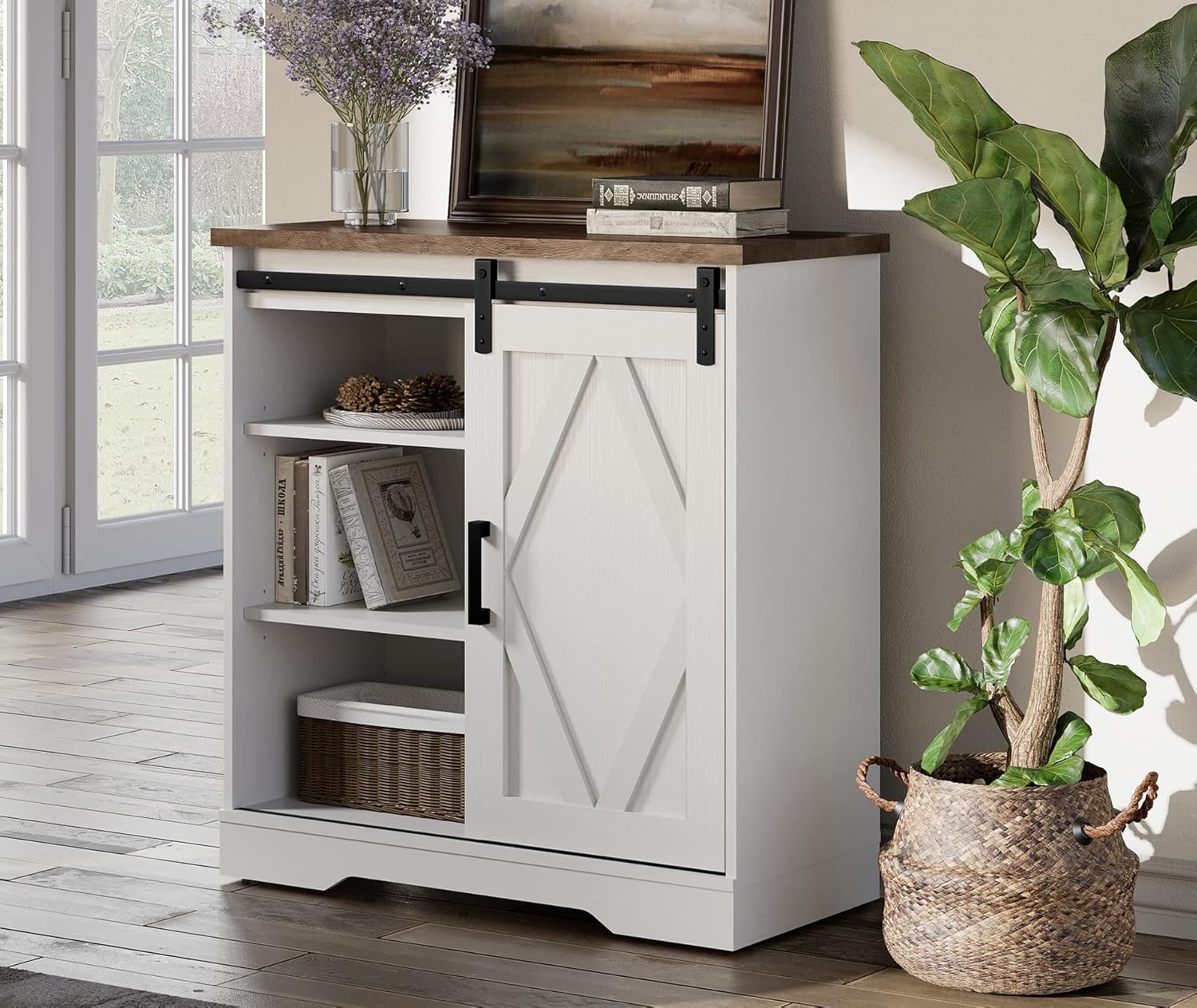 Rustic Brown Farmhouse Buffet Sideboard with Sliding Barn Door D884