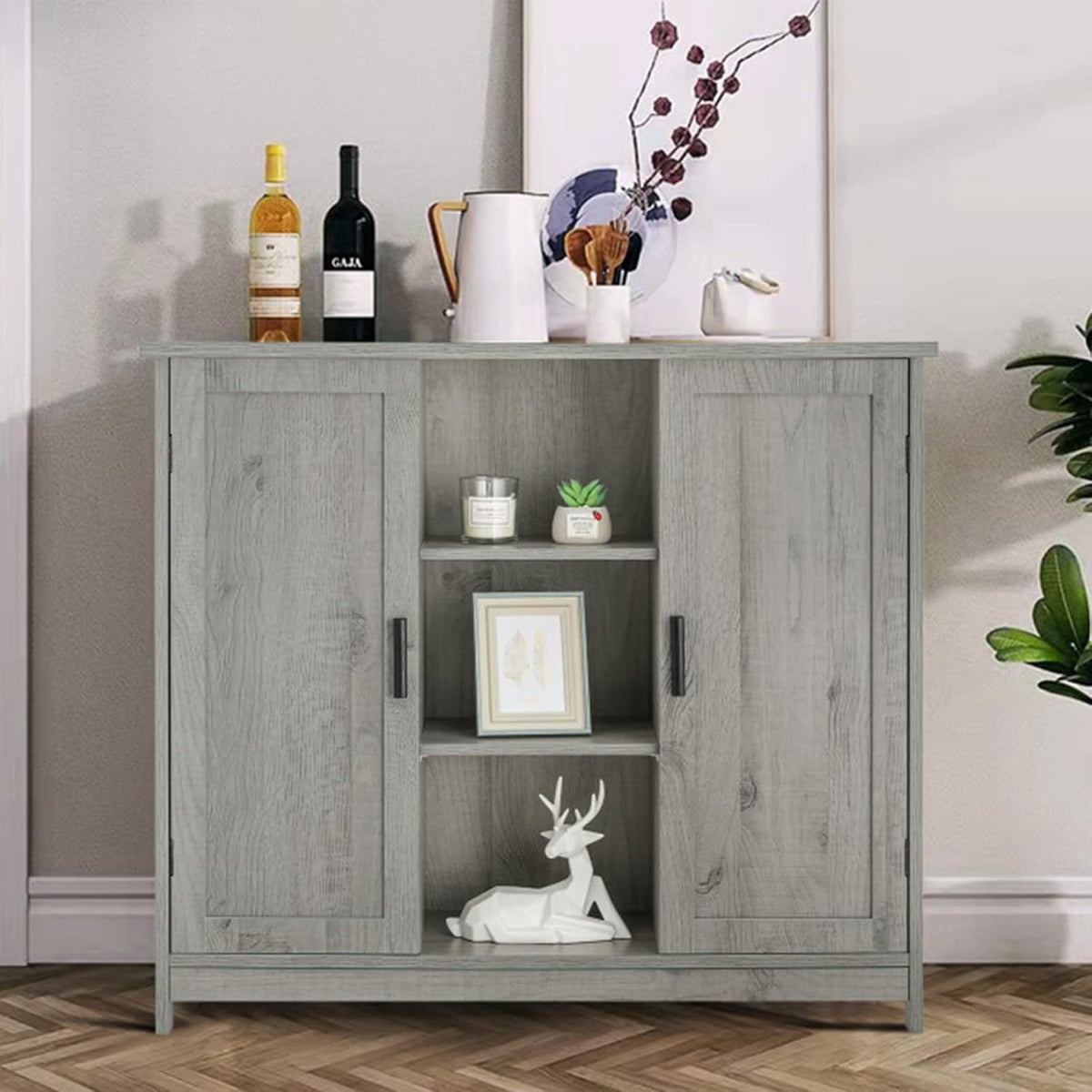 Rustic Oak Wooden Floor Storage Cabinet with 2 Doors and 2 Open Shelves P21853