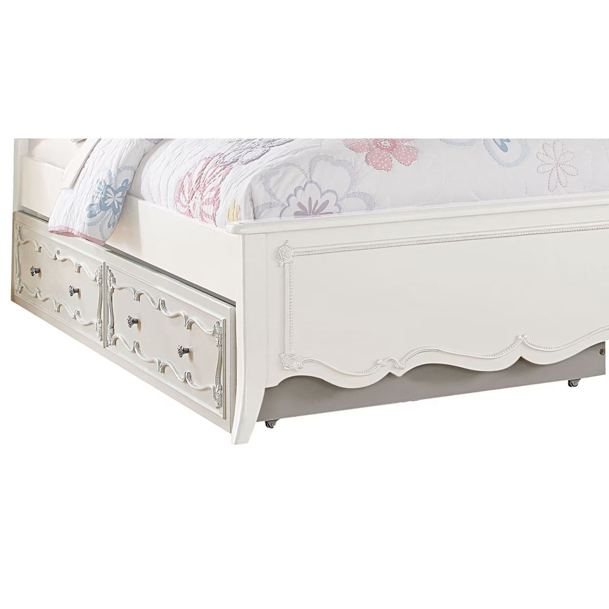 White Twin Size Wooden Trundle with Round Knobs and Caster Wheels G384