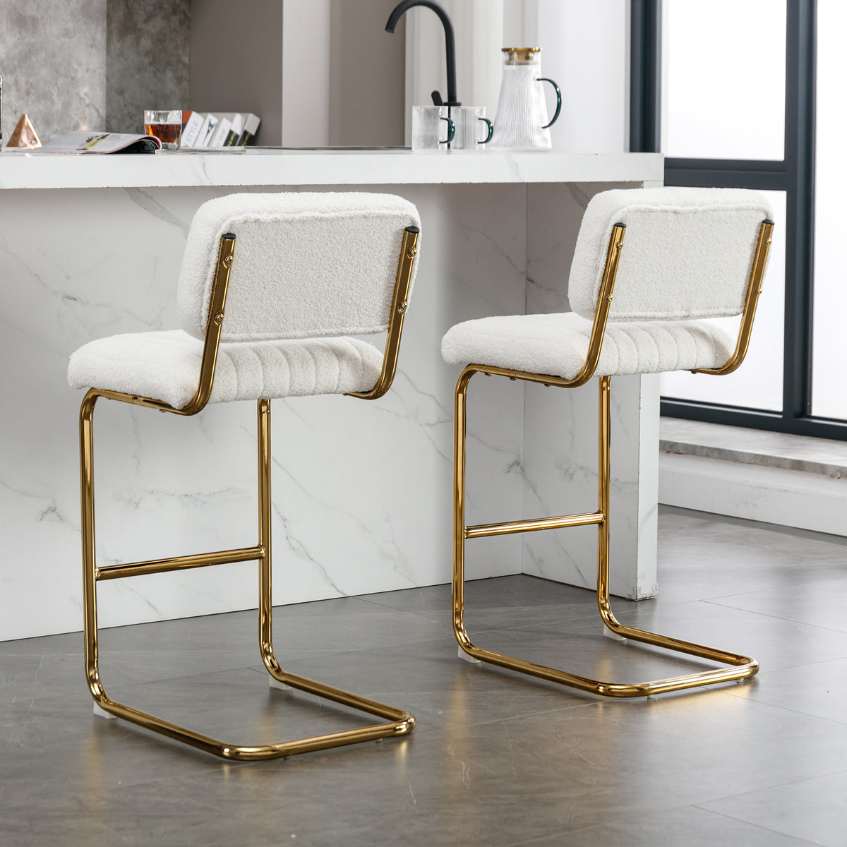 Ivory Boucle Fabric Counter Height Bar Stools Set of 2 K436