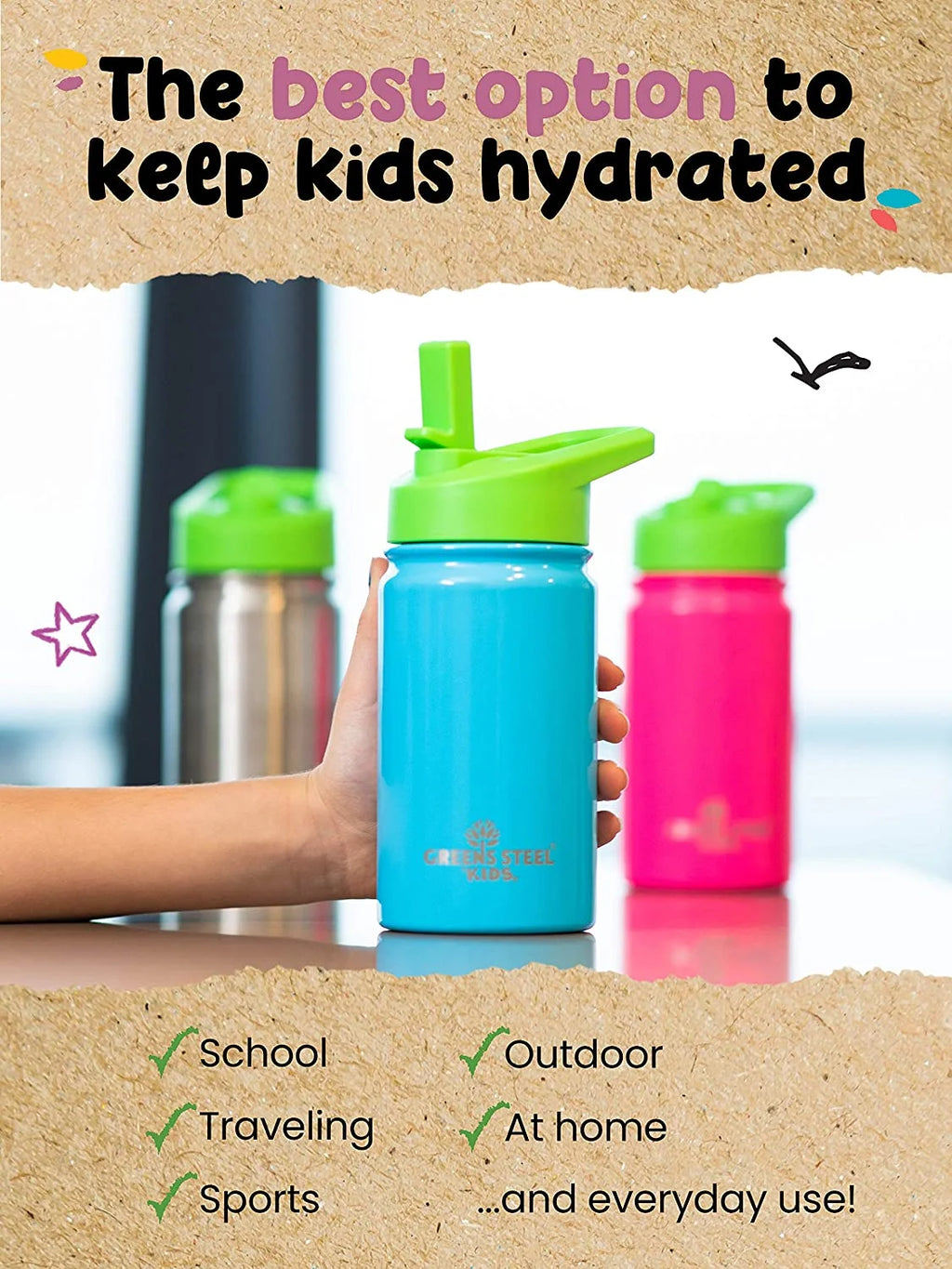 12oz Blue Insulated Double Wall Stainless Steel Kids Water Bottle with Straw G338247
