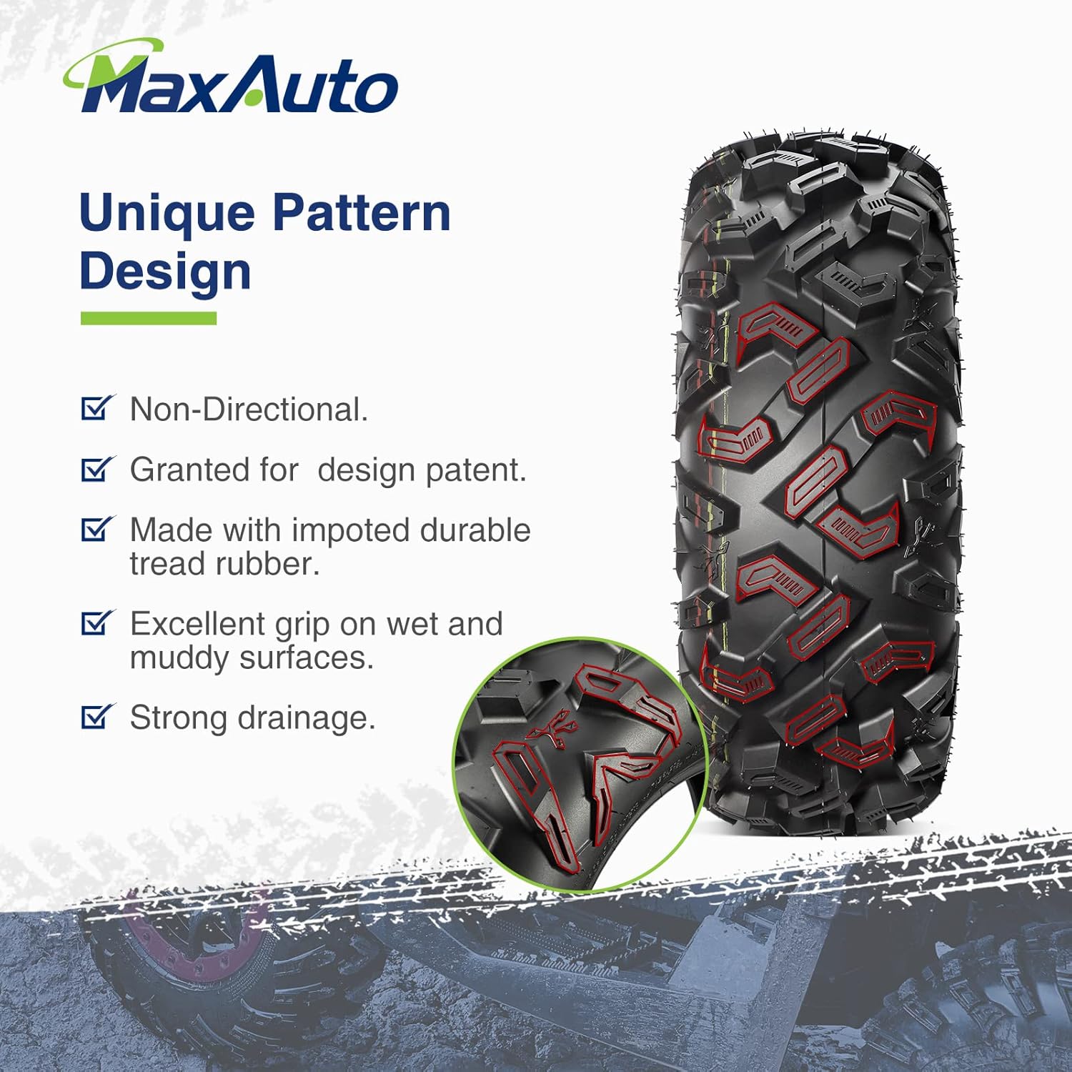 25x8-12 25x10-12 ATV Tires Set of 4, 6PR, Tubeless, 0.8" Tread Depth H44095