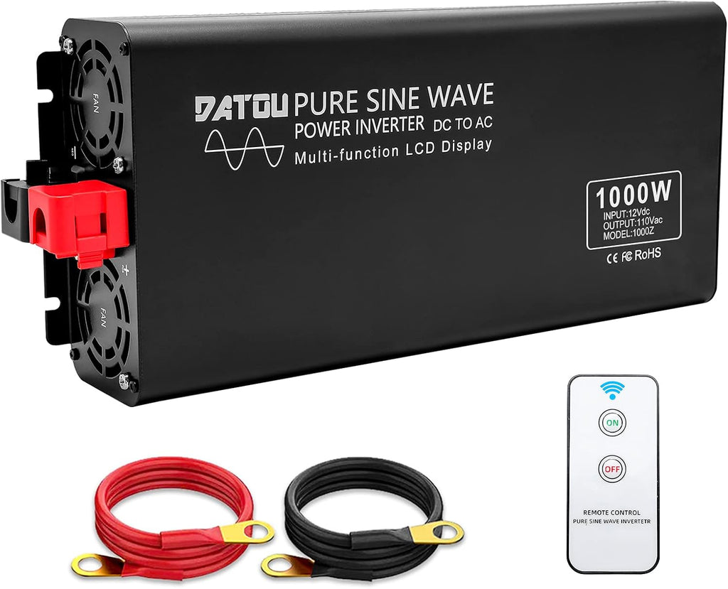 Pure Sine Wave Power Inverter 1000W/2000W Peak DC 12V to 110V AC Car Converter with 2 AC Outlets and LED Display F187