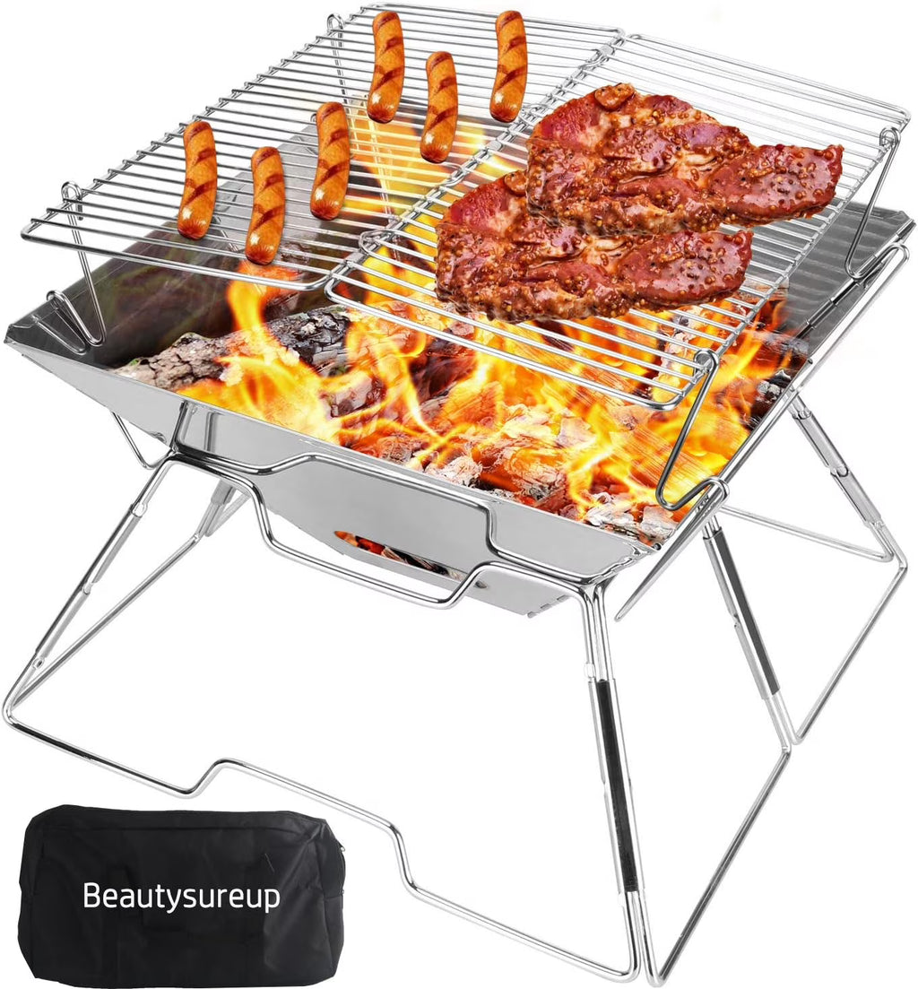 Charcoal Campfire Grill, Folding Quadrangle Barbecue Grill, Portable Stainless Steel Charcoal BBQ Stove U7976