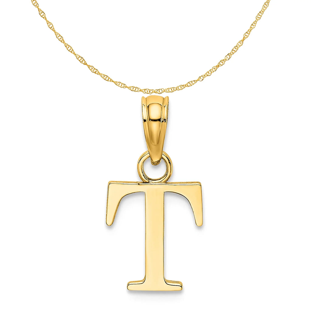 14K Yellow Gold Polished Block Letter T Initial Pendant Charm With 10K Yellow Gold Rope Chain Necklace 20'' H5020