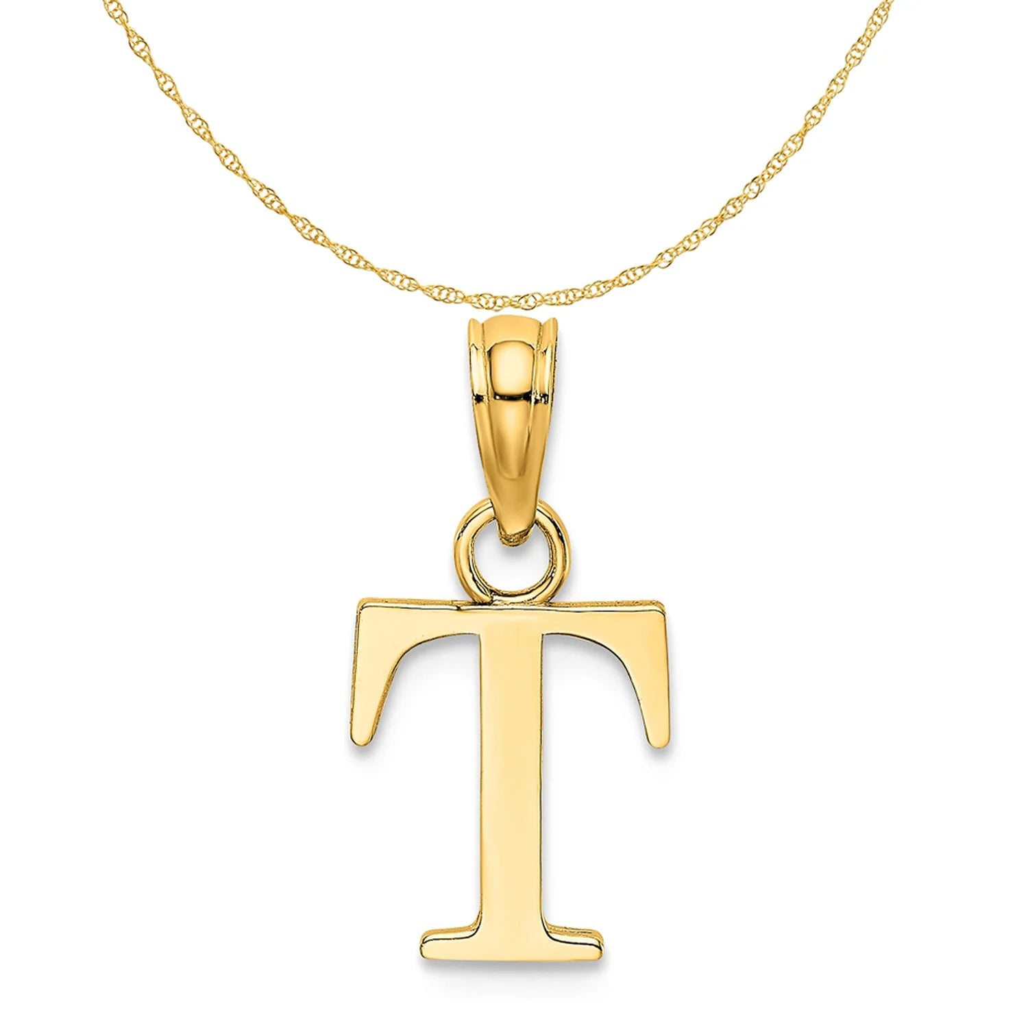 14K Yellow Gold Polished Block Letter T Initial Pendant Charm With 10K Yellow Gold Rope Chain Necklace 20'' H5020