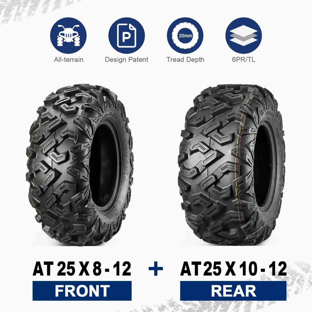 25x8-12 25x10-12 ATV Tires Set of 4, 6PR, Tubeless, 0.8" Tread Depth H44095