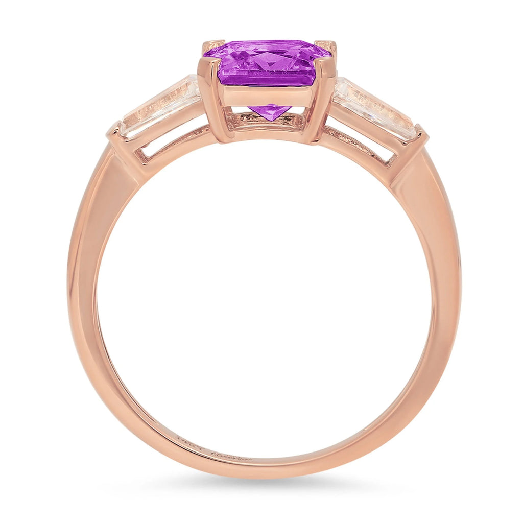 1.62ct Emerald Cut Purple Simulated Alexandrite 18k Rose Gold 3 Stone Ring I9482