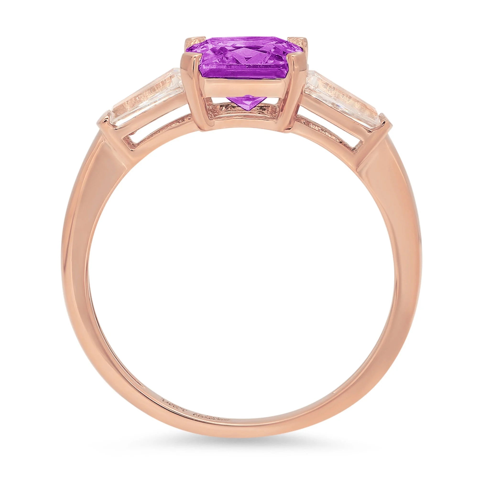 1.62ct Emerald Cut Purple Simulated Alexandrite 18k Rose Gold 3 Stone Ring I9482