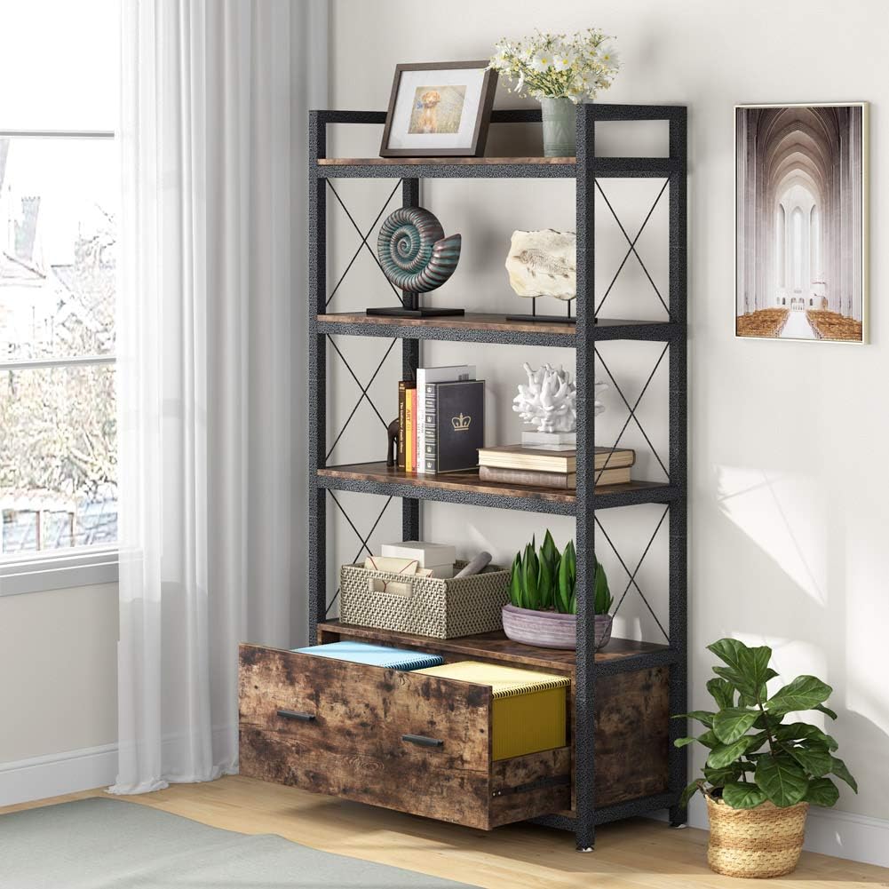 Freestanding Lateral Filing Cabinet with Drawer and Open Storage Shelves G1472
