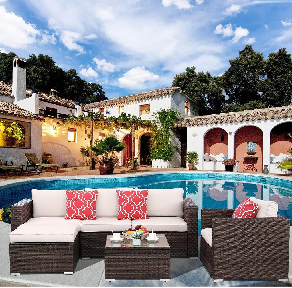 6pcs Gray Rattan Wicker Sectional Outdoor Sofa Set with Black Washable Seat Cushions & Glass Coffee Table V130597
