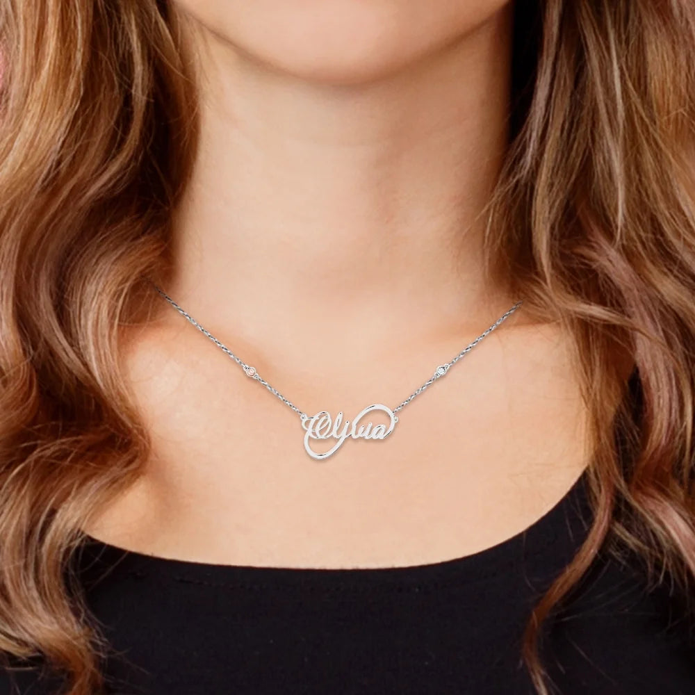 Sterling Silver Script Name Infinity Birthstone Necklace N991