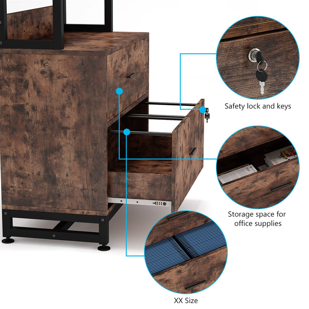 2 Drawer File Cabinet with Lock Bookshelf, Letter Size Printer Stand - Brown Y740566