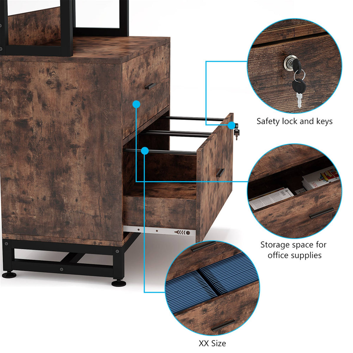 2 Drawer File Cabinet with Lock Bookshelf, Letter Size Printer Stand - Brown Y740566