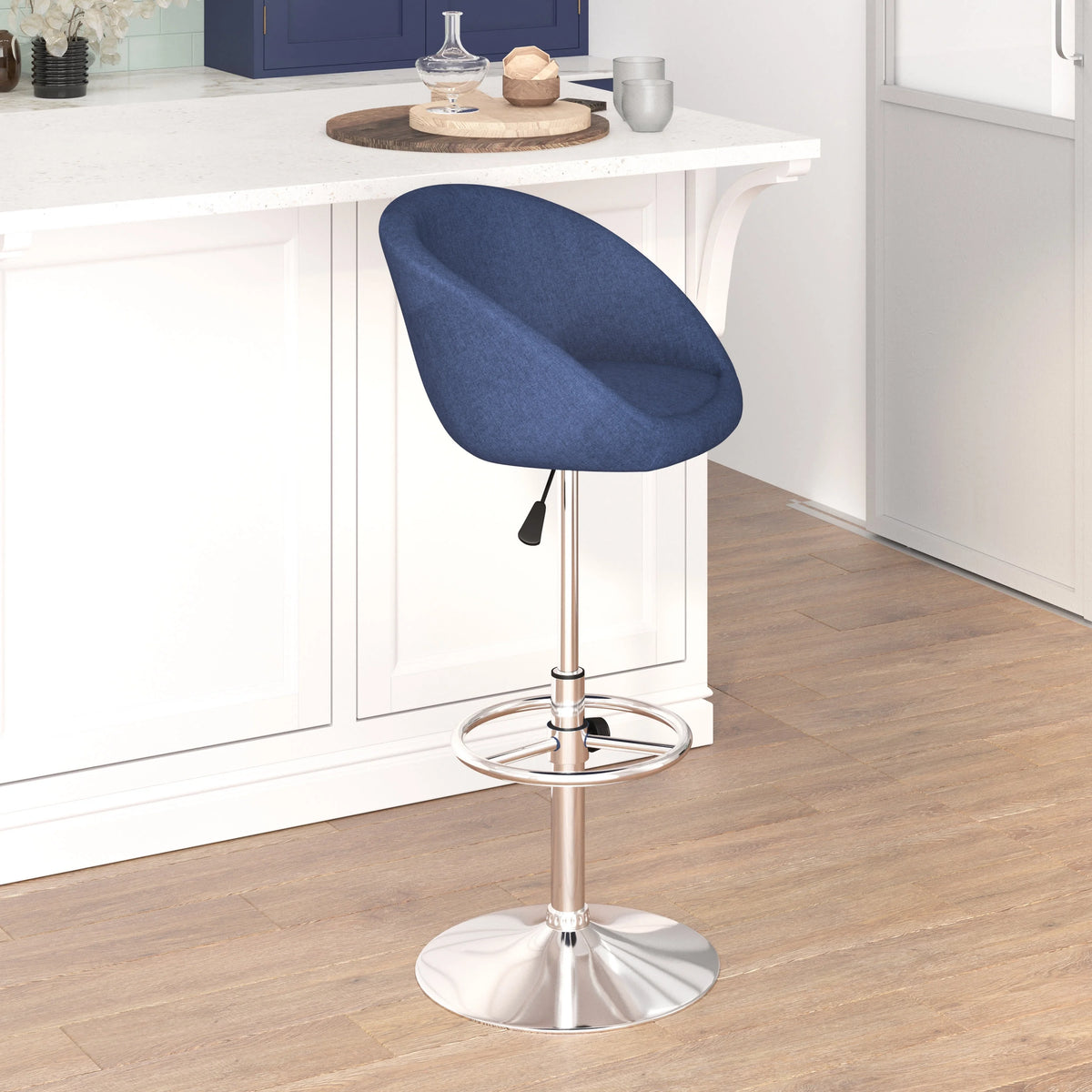 Blue Fabric Adjustable Height Barstool with Barrel Back and Chrome Base H8021