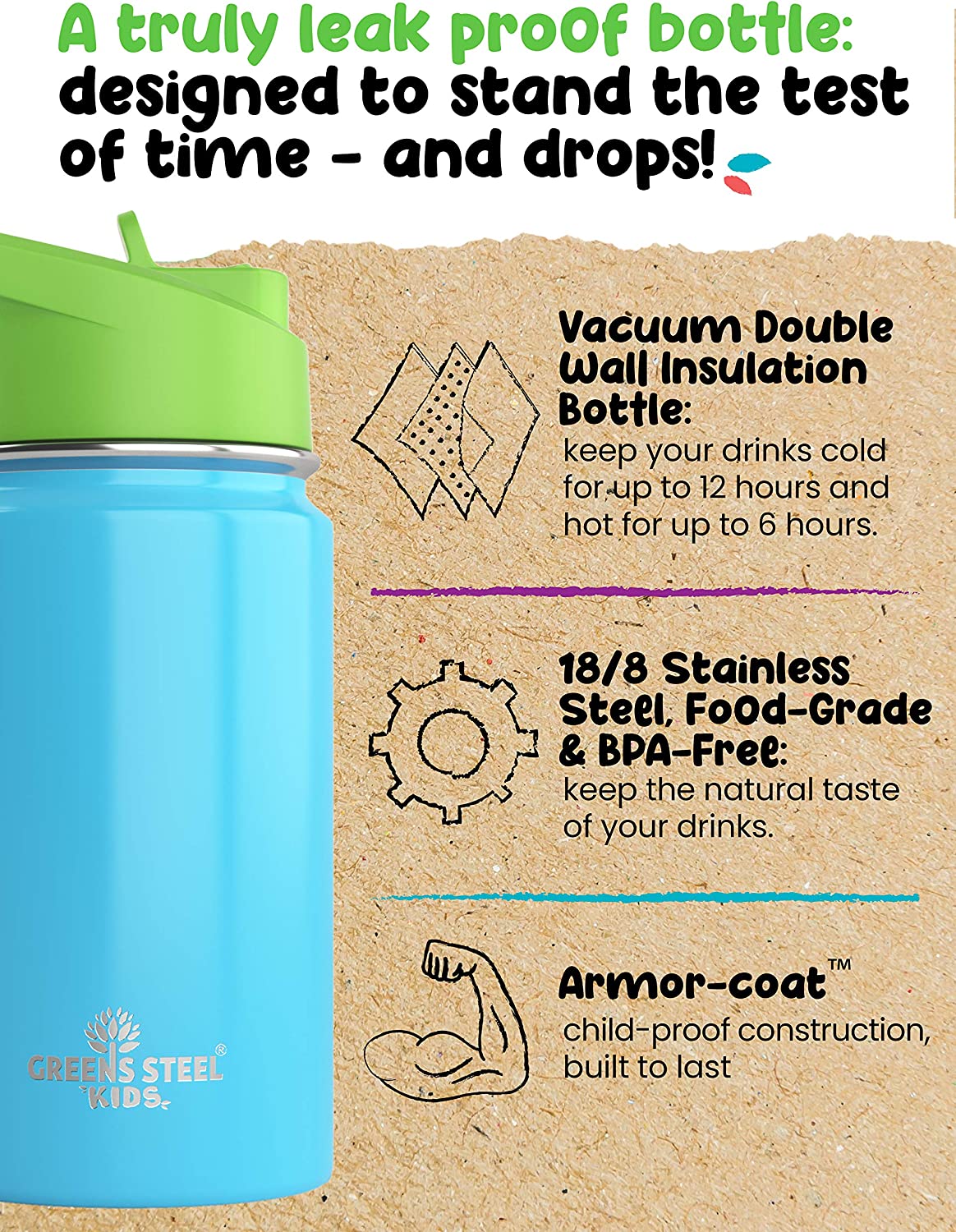 12oz Blue Insulated Double Wall Stainless Steel Kids Water Bottle with Straw G338247