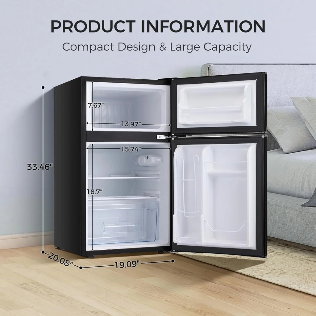 3.2 Cu.Ft Compact Mini Refrigerator With Double Door, Retro Black P4341