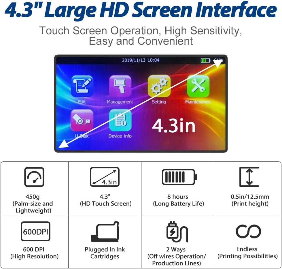Portable Handheld Inkjet Printer with 4.3 Inch HD LED Touch Screen J6380