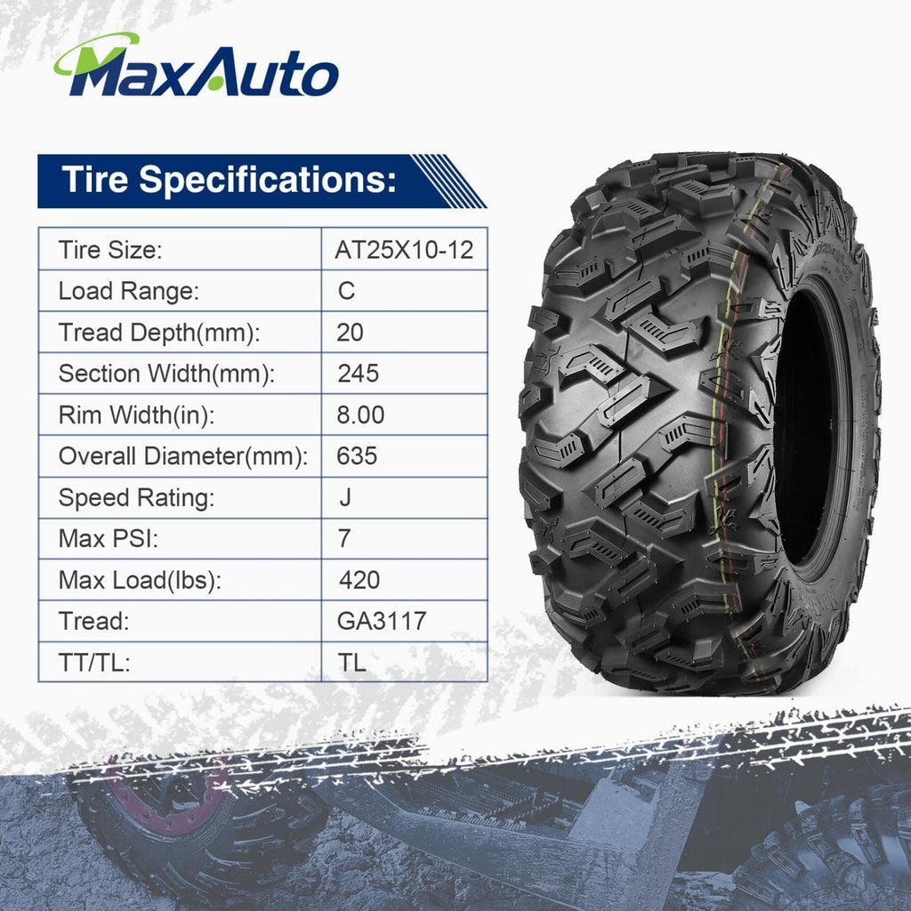 25x8-12 25x10-12 ATV Tires Set of 4, 6PR, Tubeless, 0.8" Tread Depth H44095