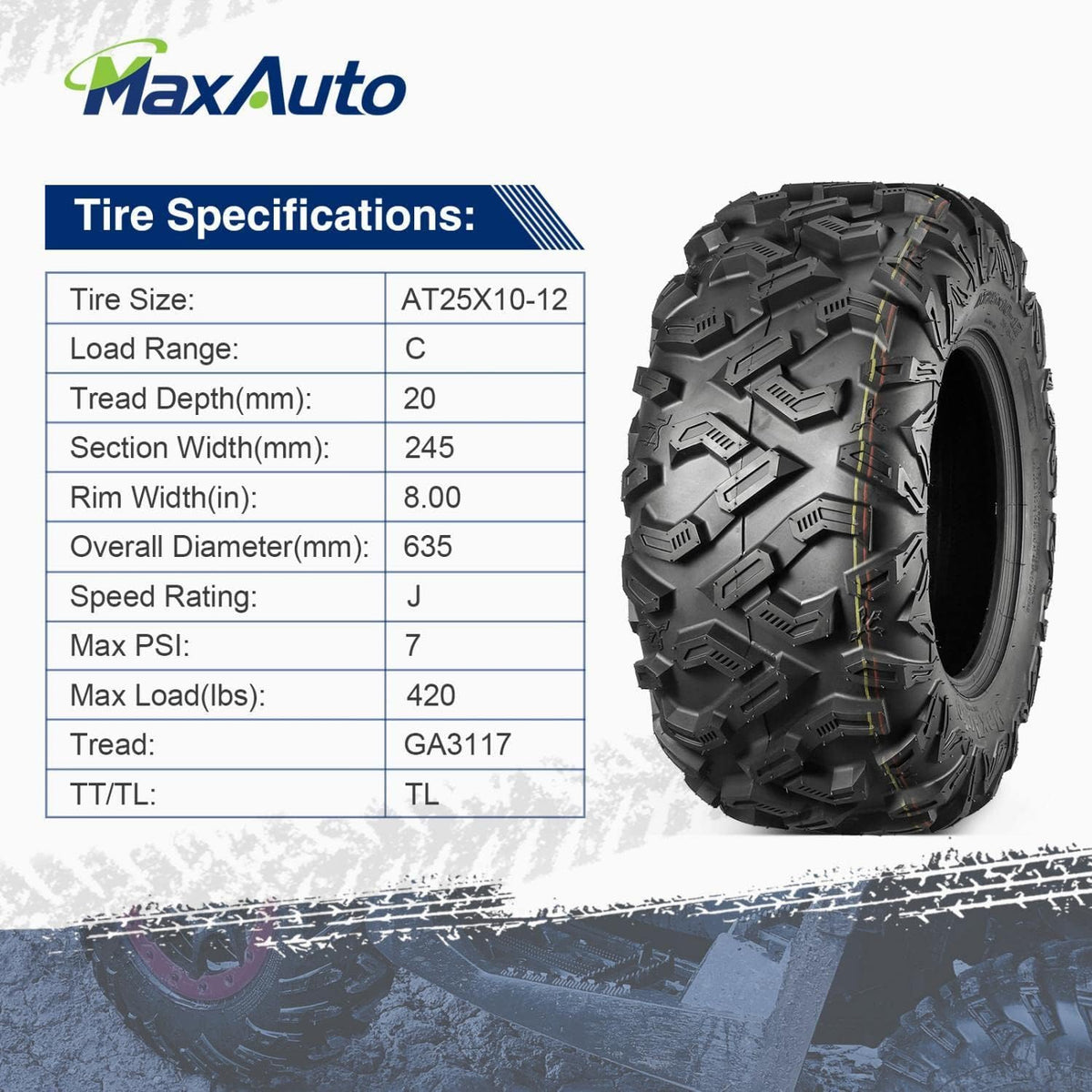 25x8-12 25x10-12 ATV Tires Set of 4, 6PR, Tubeless, 0.8" Tread Depth H44095
