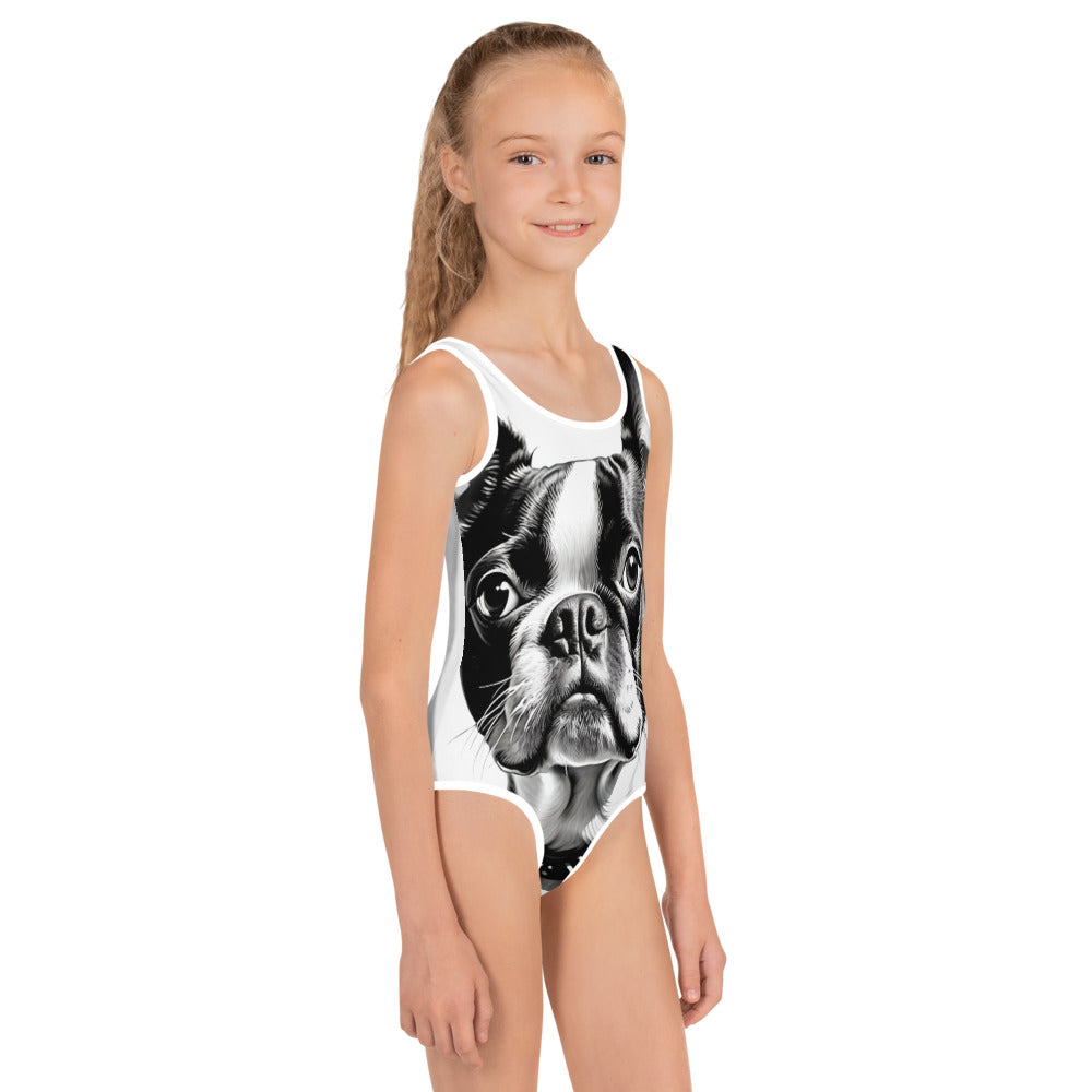 White Boston Terrier Kids One Piece Swimsuit for Girls (6X) X874371