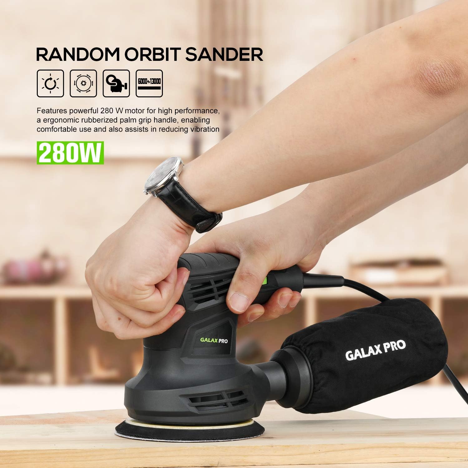 280W 5" Variable Speeds Orbital Sander with Dust Collector, 15Pcs Sanding Discs U77387