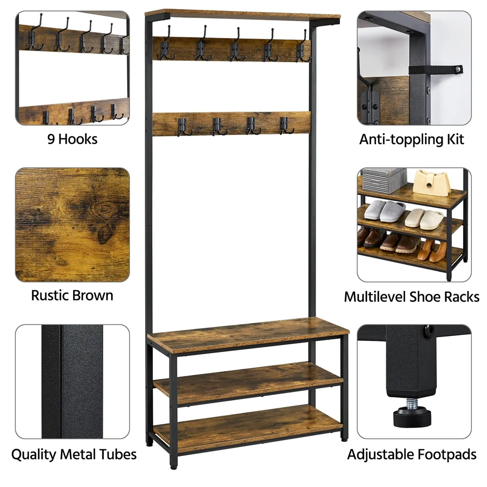 Rustic Brown 3-in-1 Industrial Hall Tree with Shoe Storage & Hooks R641