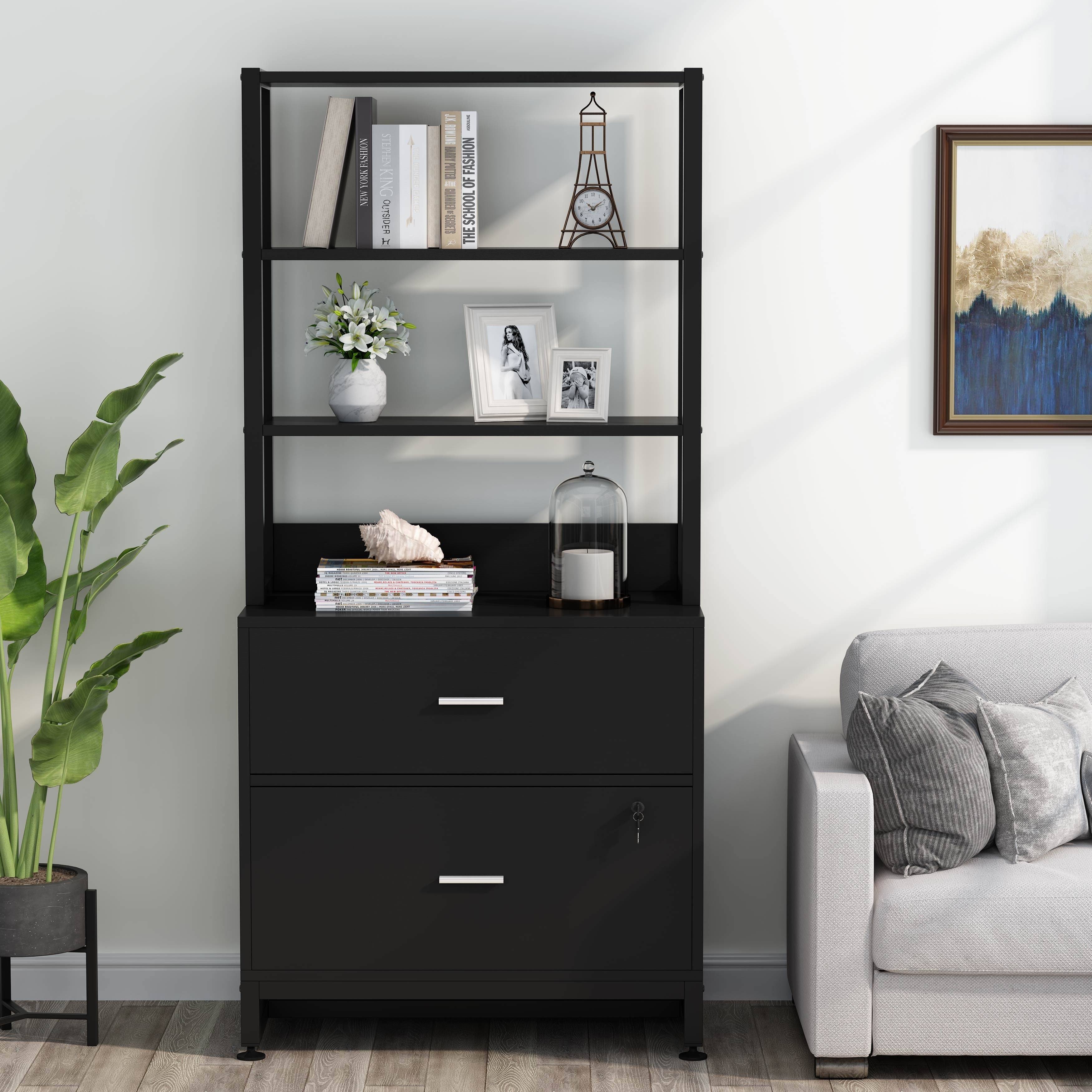 2 Drawer File Cabinet with Lock Bookshelf, Letter Size Printer Stand - Brown Y740566