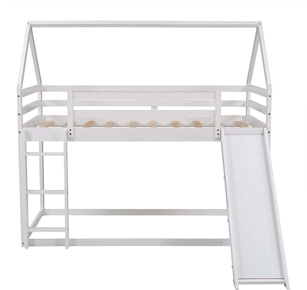 White Wood Buk Bed With Slide P9022
