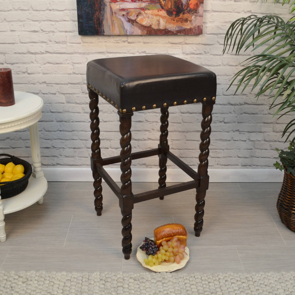 Cream Linen and Espresso Wood Twisted Leg Bar Stool B462505