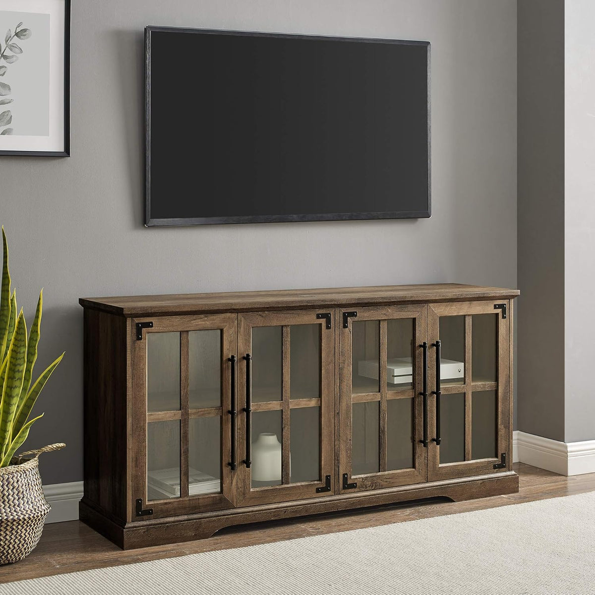 Rustic Oak 58 Inch Wood TV Stand with Storage Cabinet Doors and Shelves P742