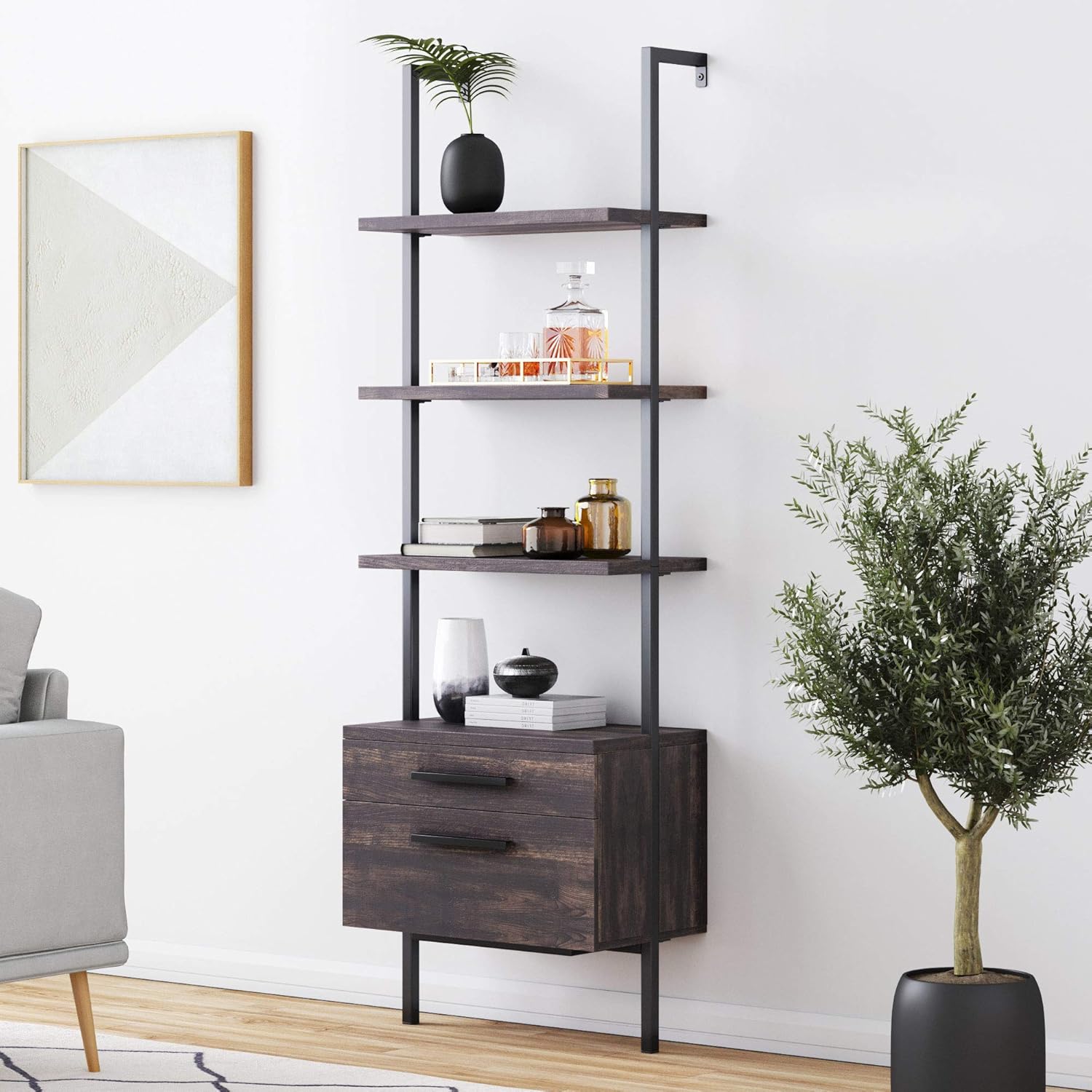 6-Shelf Tall Bookcase with Reclaimed Wood and Industrial Metal Frame, Oak/Black L4564