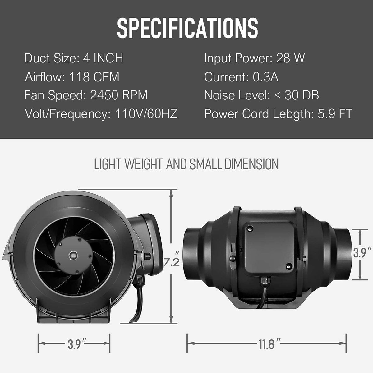 4 Inch 118 CFM Inline Blower Fan Air Carbon Filter, 25 Feet Ducting Hose Variable Speed Controller, Digital Hygrometer Thermometer, 1-Pair Rope Hanger Combo G398