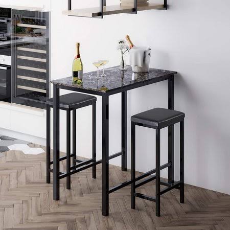 3-Piece Pub Bar Table Set with 2 Stools, Faux Marble Top, Black & Brown L532