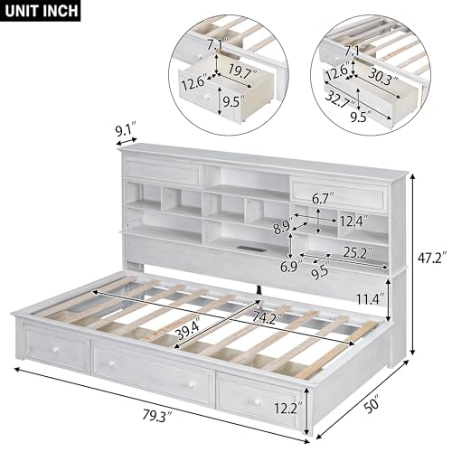 Antique White Twin Size Wood Daybed Frame with 3 Drawers Y601243