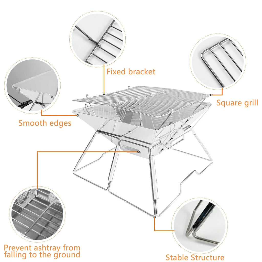 Charcoal Campfire Grill, Folding Quadrangle Barbecue Grill, Portable Stainless Steel Charcoal BBQ Stove U7976