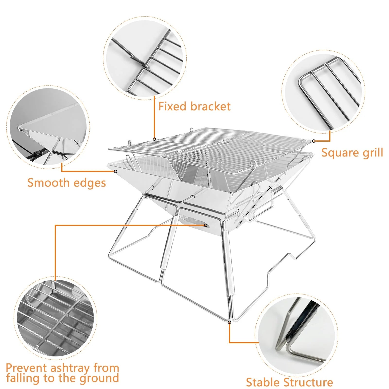 Charcoal Campfire Grill, Folding Quadrangle Barbecue Grill, Portable Stainless Steel Charcoal BBQ Stove U7976