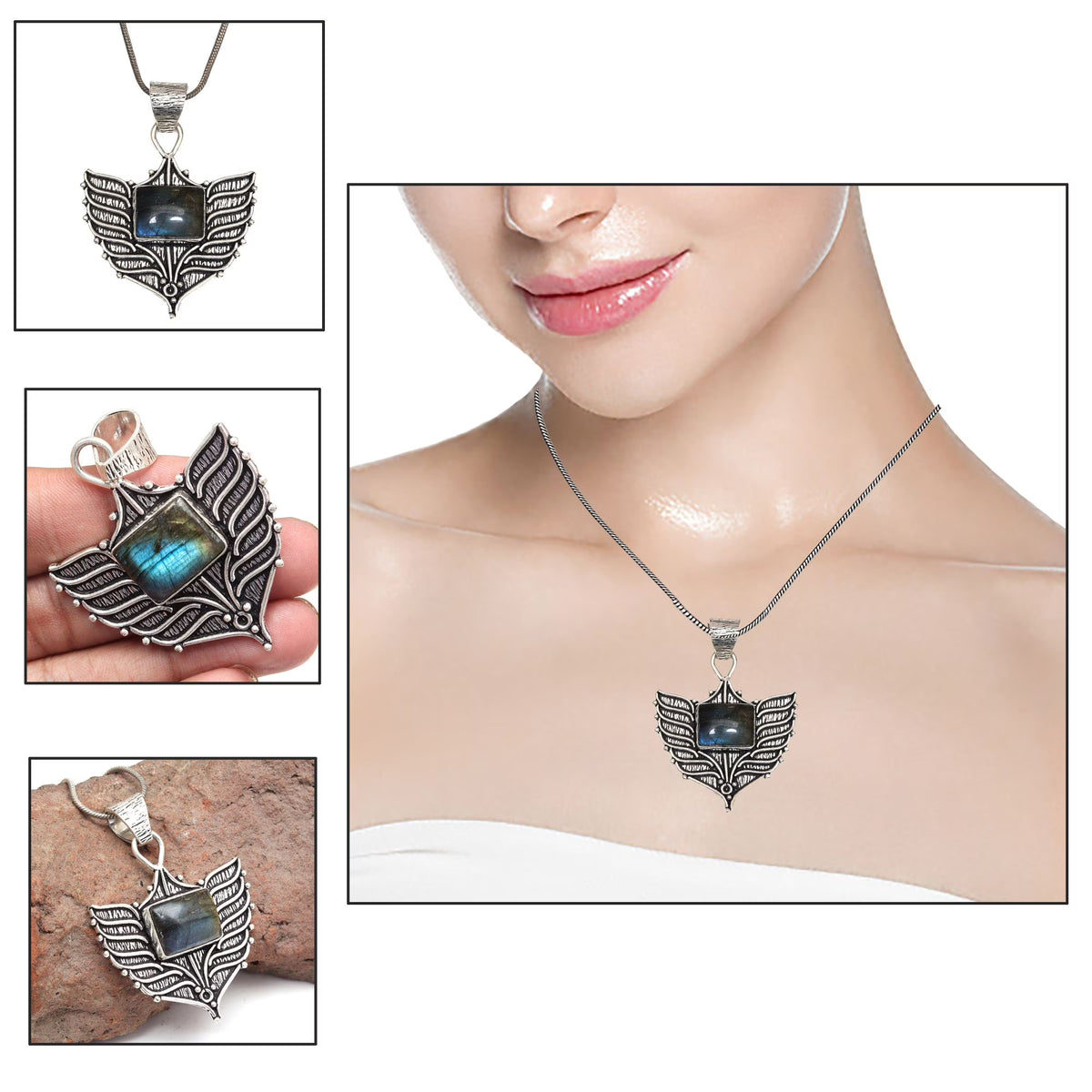 Silver 925 Sterling Garnet Gemstone Necklace Labradorite Jewelry Handmade I172568