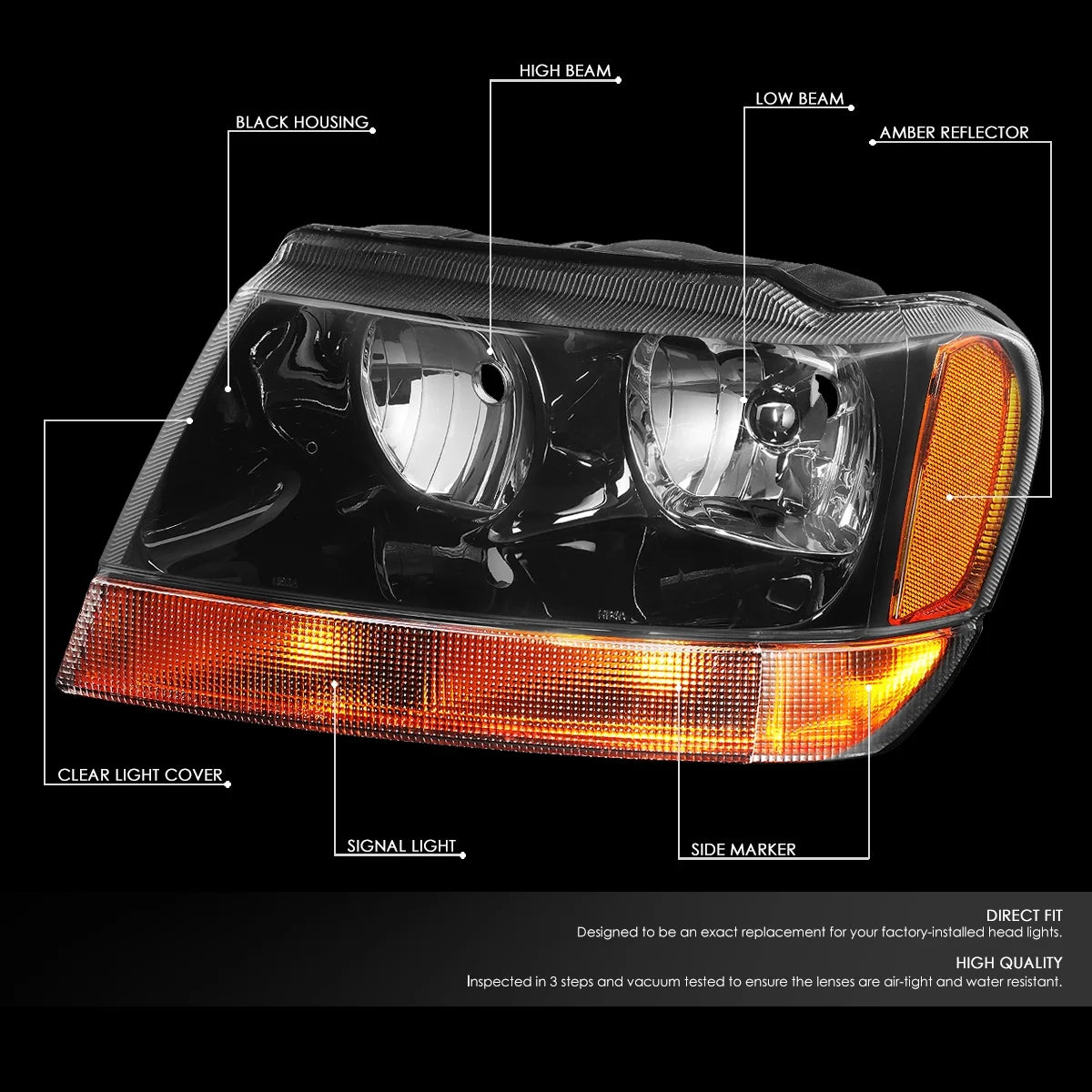 Black Housing Amber Side Headlight Headlamps for Jeep Grand Cherokee I429