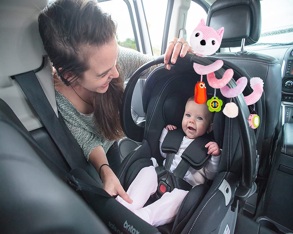 Pink Fox Plush Hanging Stroller Toys with Musical Sheep Rattles Owl Ladybird Distorting Mirror X47362
