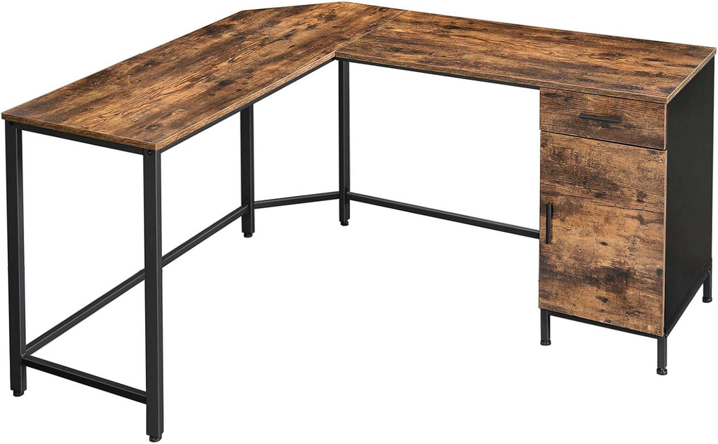 L-Shaped Corner Desk with Cabinet and Drawer, Steel, Rustic Brown and Black J880406