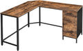 L-Shaped Corner Desk with Cabinet and Drawer, Steel, Rustic Brown and Black J880406