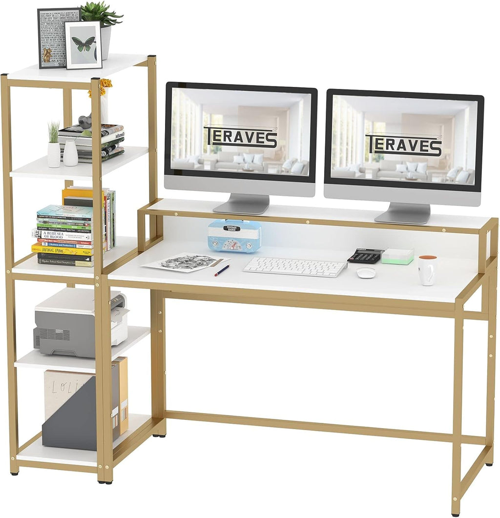 Teak 47 Inch Computer Desk with 5 Tier Shelves M248