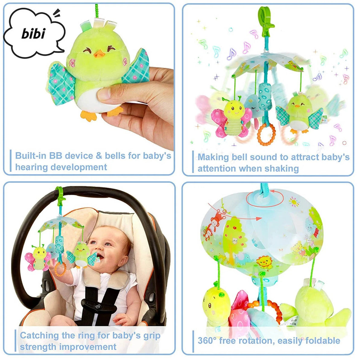 Baby Car Seat Clip On Stroller Toy With Birds And Hanging Rattle Sensory Activity Toy Z53354