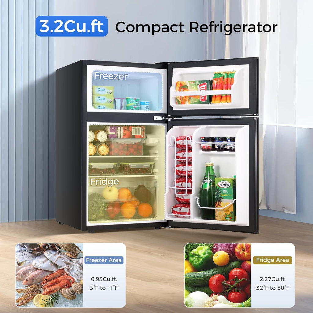 3.2 Cu.Ft Compact Mini Refrigerator With Double Door, Retro Black P4341