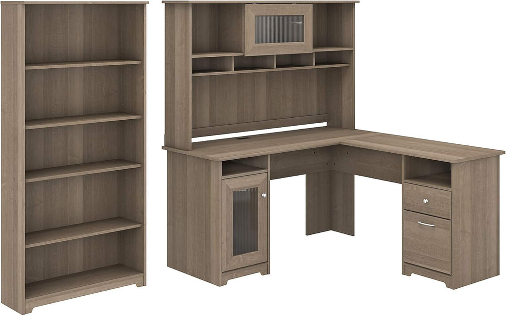 Espresso Oak L Shaped Desk with Hutch and 5 Shelf Bookcase W994889