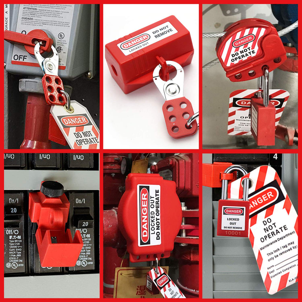 Lockout Tagout Kit with Safety Padlocks, Hasp, Breaker Lockout, Ball Valve Lockout, Steel Cable Lockout, Plug, Valve Lockout, Tags Q62617