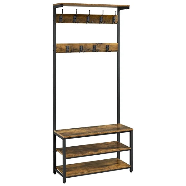 Rustic Brown 3-in-1 Industrial Hall Tree with Shoe Storage & Hooks R641